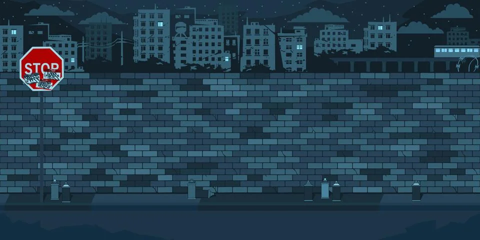 Dark Flat Empty Night Brick Wall With Background Of The Cityscape Vector Stock Illustration
