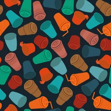Dark flat seamless pattern colored plastic cups Stock Illustration