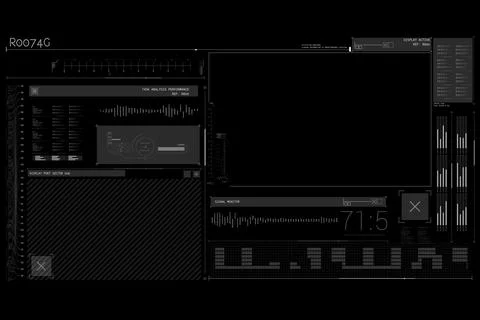 Dark flat UI dashboard is showing main display with analysis chart, waveform Stock Illustration