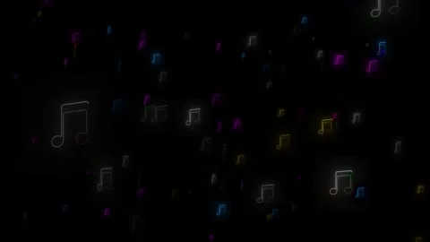 Dark floating music notes glowing colorful symbols, black empty space, soft audi Stock Footage 340568404
