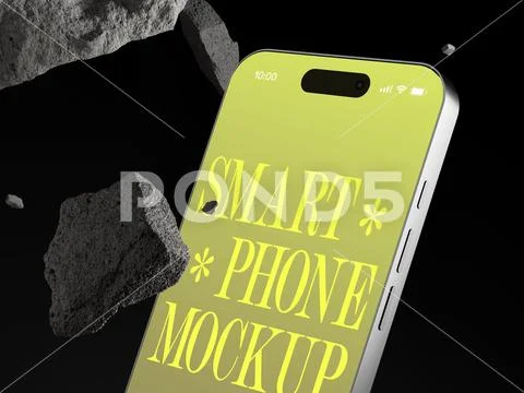 Dark Floating Smartphone Mockup with Editable Screen and Stone Debris PSD Template