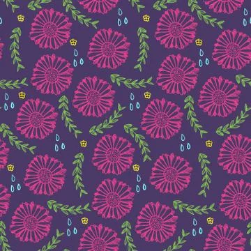 Dark floral pattern with pink flowers and herbs Stock Illustration