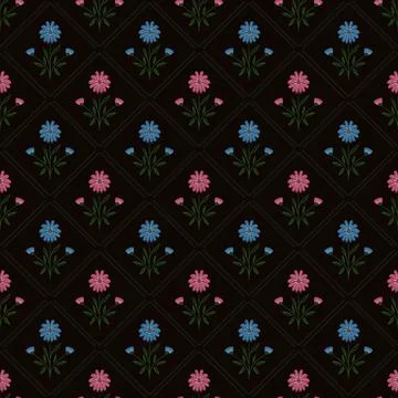 Dark Floral Seamless Pattern With Blue and Pink Flowers in Diamond Arrangemen Stock Illustration