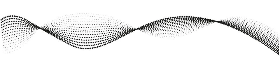 Dark flowing dots. Particles wave pattern in halftone black and white. Illustrazione stock