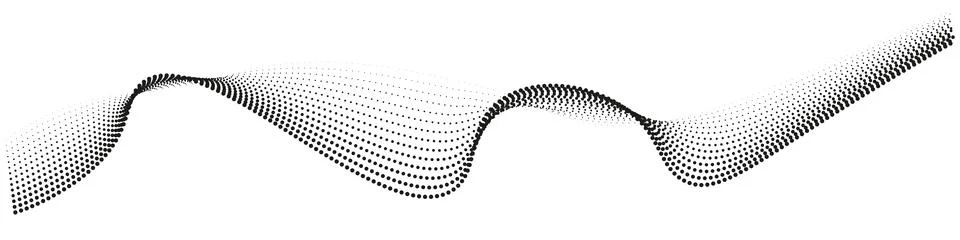 Dark flowing dots. Particles wave pattern in halftone black and white. Illustrazione stock