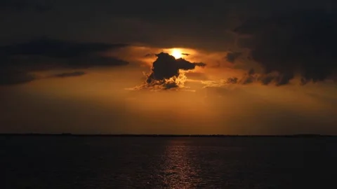 Dark, foreboding sunset with clouds over the river - realtime shot Stock Footage 315621019