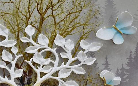 Dark forest background, white branch with leaves, two large butterflies Stock Illustration
