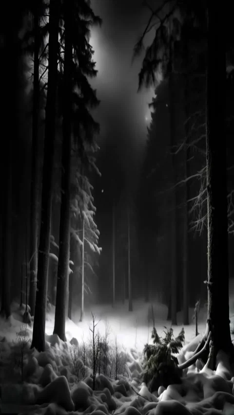 Dark Forest covered with snow at night. A short video of beautiful white snow Stock Footage 255897778