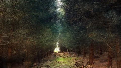 Dark forest with light coming through the trees. Stock Photos