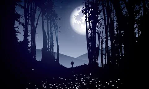 Dark forest with man walking at moonlight Stock Illustration