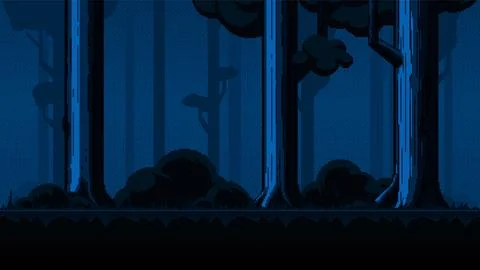 Dark forest at night pixel art. Horizontal seamless pixelated backdrop for .. Stock Illustration