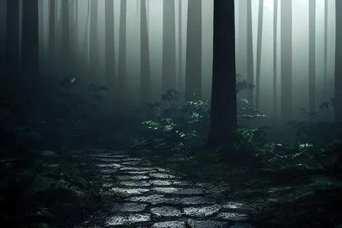 Dark forest panorama, path in magical scary forest at night, digital painting Stock Illustration