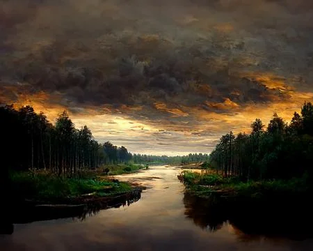 Dark Forest with a river flowing through it Stock Illustration