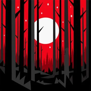 Dark forest silhouette with glowing white moon and red starry sky moody woo.. 스톡 일러스트
