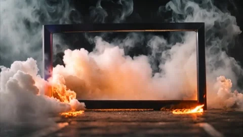A dark frame and fire flames on a dark background, surrounded by slowly mov.. Stock Footage 273953332