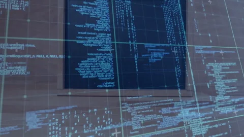 Dark frame opening central code window scrolling, grid and fragments fading and Stock Footage 312407200