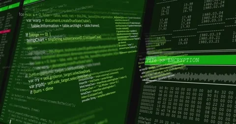 Dark frame pulling, green UI revealing code panel and File  ENCRYPTION dash, Stock Footage 320724840