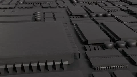 Dark Futuristic Computer Circuit Board with Microprocessor Chips 3d render. Stock Illustration