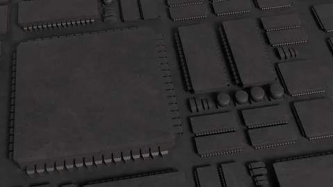Dark Futuristic Computer Circuit Board with Microprocessor Chips 3d render. Stock Illustration