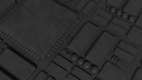 Dark Futuristic Computer Circuit Board with Microprocessor Chips 3d render. Stock Illustration