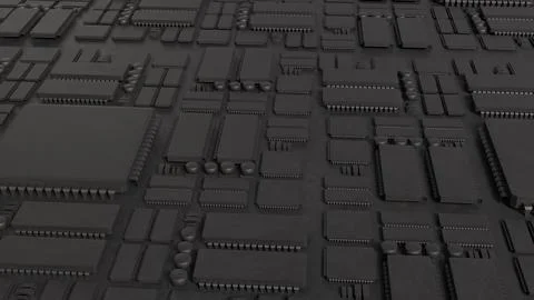 Dark Futuristic Computer Circuit Board with Microprocessor Chips 3d render. 스톡 일러스트