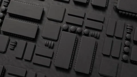 Dark Futuristic Computer Circuit Board with Microprocessor Chips 3d render. 스톡 일러스트