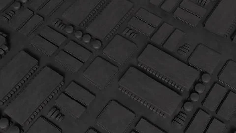 Dark Futuristic Computer Circuit Board with Microprocessor Chips 3d render. Stock Photos