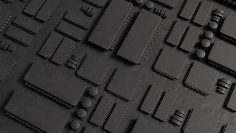Dark Futuristic Computer Circuit Board with Microprocessor Chips 3d render. Stock Photos