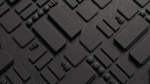 Dark Futuristic Computer Circuit Board with Microprocessor Chips 3d render. Stock Photos