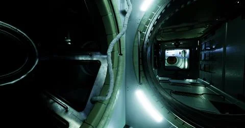 Dark, futuristic corridor with dramatic lighting inside a spacecraft Stock Illustration