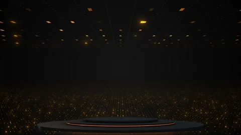 Dark futuristic grid stage background glowing amber dots, ceiling lights, black Stock Footage 340478530