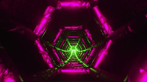Dark Futuristic Hexagonal Tunnel Loop Illuminated with Purple and Green Neon 動画素材 341675041