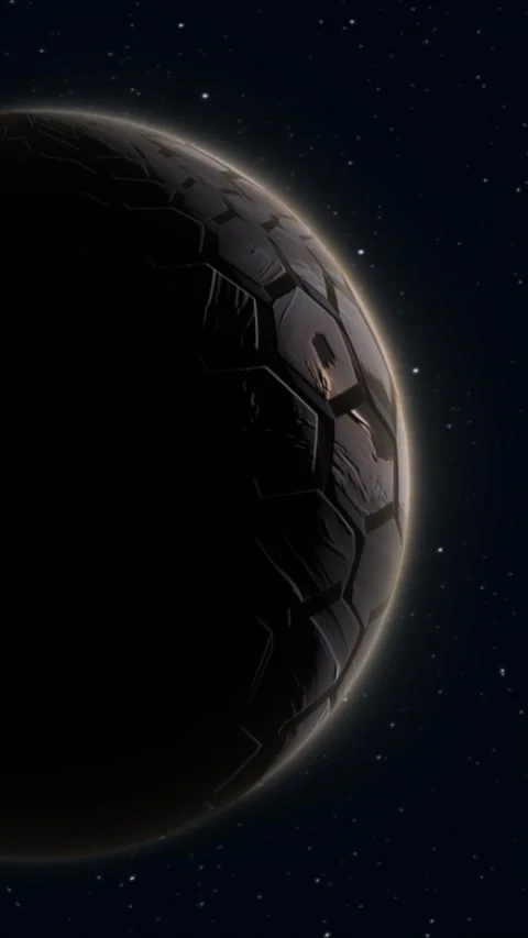 Dark futuristic planet with a segmented metallic surface and glowing rim, f.. Stock Footage 337957425