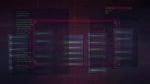 Dark Futuristic Programming Interface with Multiple Code Windows and Cyber HUD Video stock 341073528
