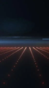 Dark futuristic runway with red guide lights in perspective, minimal night .. Stock Illustration