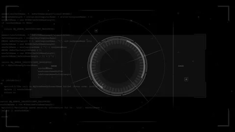 Dark futuristic scanner code visual grey circular HUD, transparent panels, cross Stock Footage 340570403