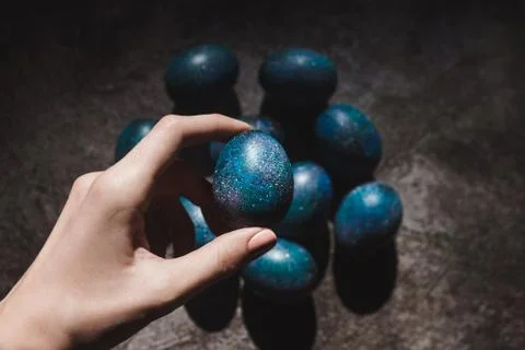 Dark galaxy easter eggs hand made blue Stock Photos