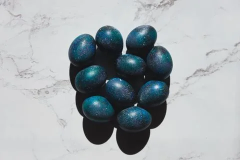 Dark galaxy easter eggs hand made blue Stock Photos