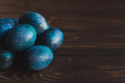 Dark galaxy easter eggs hand made blue Stock Photos