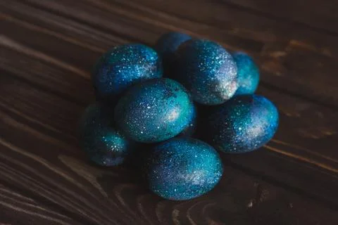 Dark galaxy easter eggs hand made blue Stock Photos