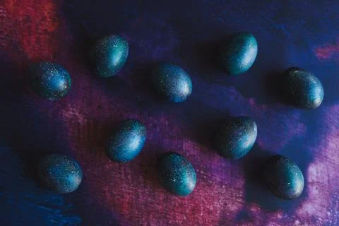 Dark galaxy easter eggs hand made blue Stock Photos
