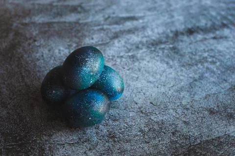 Dark galaxy easter eggs hand made blue Stock Photos