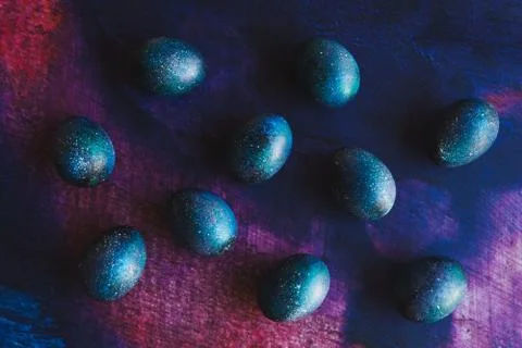 Dark galaxy easter eggs hand made blue Stock Photos