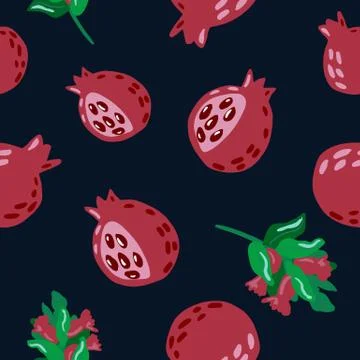 Dark garnet random ornament with branches seamless pattern. Black background. Illustrazione stock