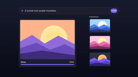 Dark generator screen with sunset mountain picture and three variations vec.. Stock Illustration