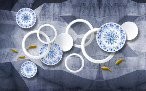 Dark geometric background, white rings, white circles with blue ornament Stock Illustration