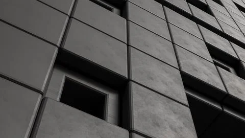 Dark Geometric Wall Panels with Dramatic Depth and Texture 3d render. Illustrazione stock