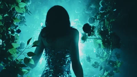 Dark ghost shadow silhouette fantasy woman dancing in night club spring nature Stock Footage 308093885