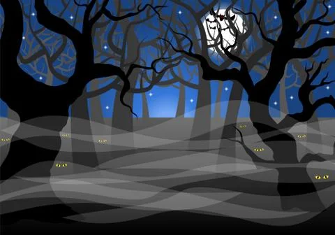 Dark ghostly forest and full moon Illustrazione stock