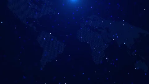 Dark global AI network visual with blue dotted map, scattered user symbols, and Stock Footage 340550101